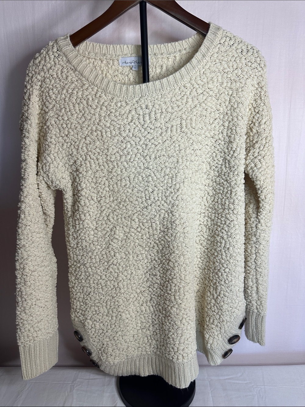 KEREN hart Cream Textured Crewneck Sweater with Button Detail